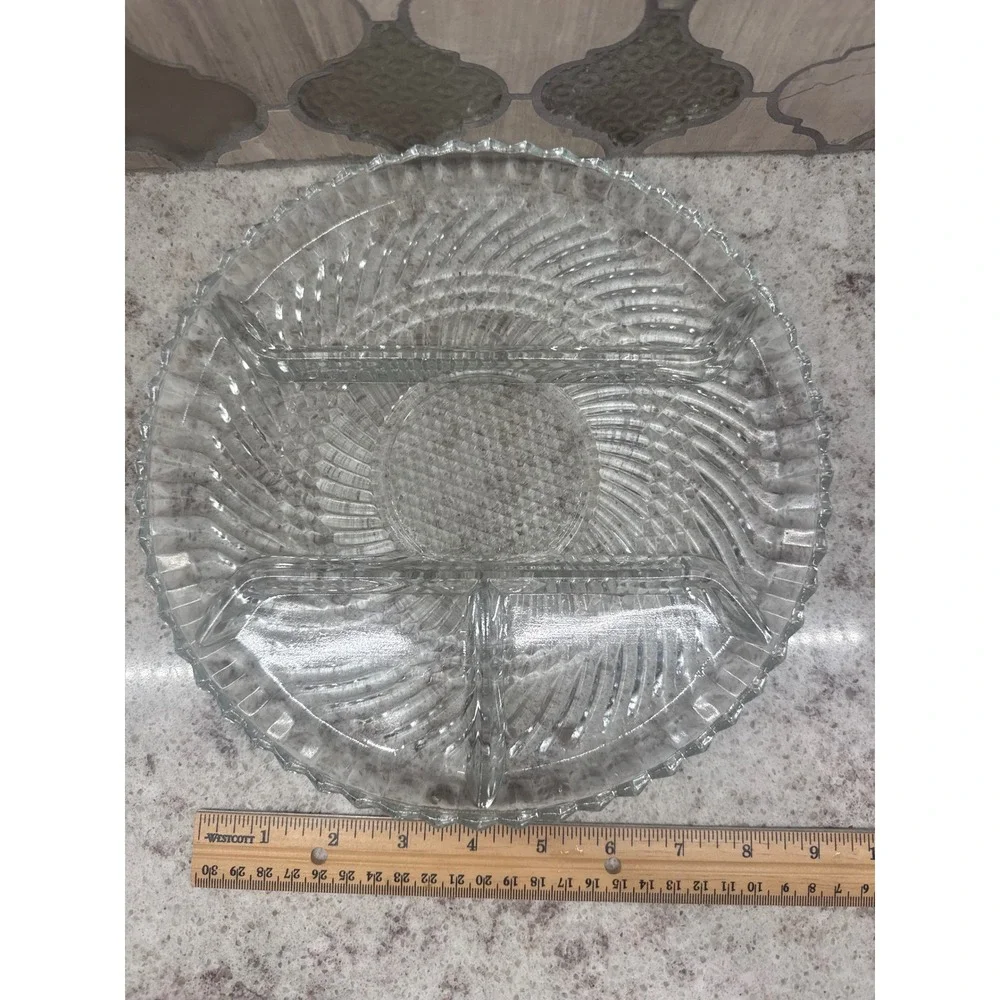 Vintage Clear Pressed Glass Divided Serving Platter Relish Tray Sunburst Swirl 9
